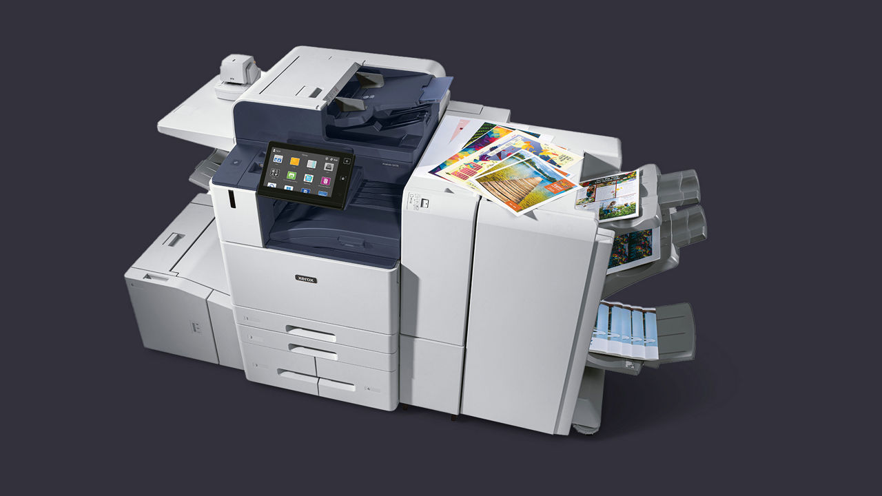 Xerox® AltaLink® C8200 Series Color Multifunction Printer with print samples on dark gray background