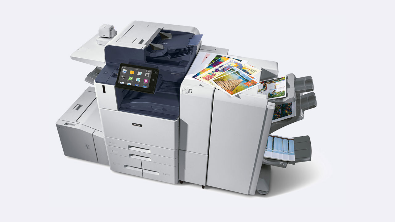 Xerox® AltaLink® C8200 Series Color Multifunction Printer with print samples on gray background