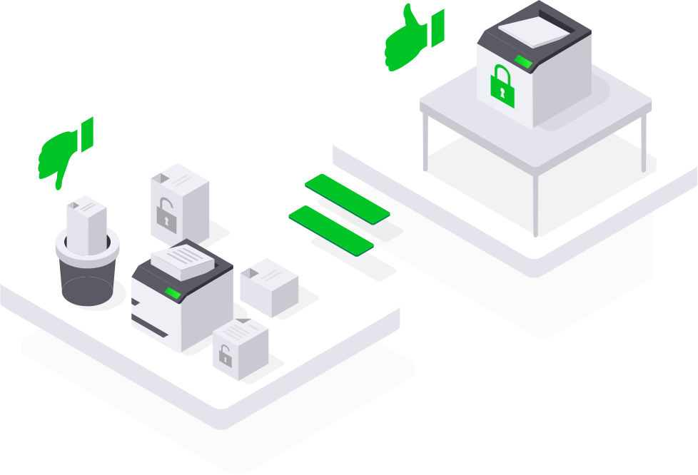 illustration representing Lexmark Cloud Services offering protection on confidential output from interception and saving the cost and waste of unclaimed prints