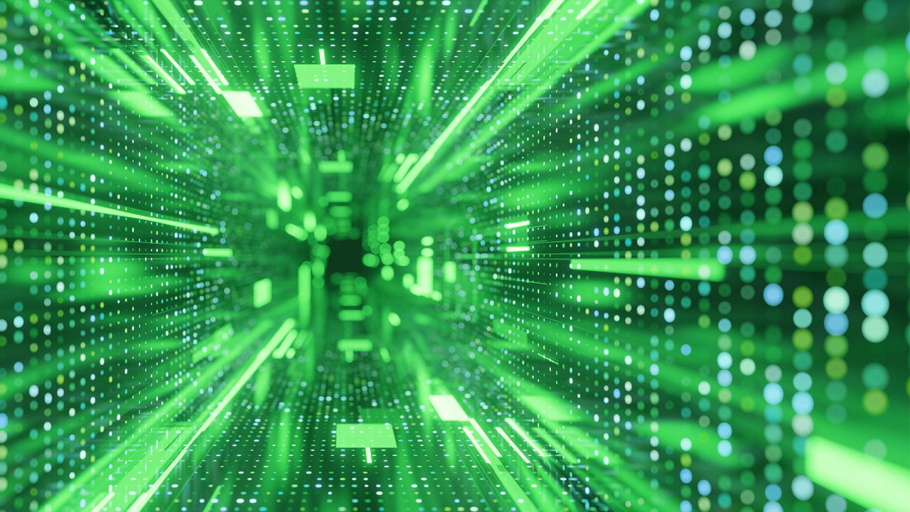 A data stream graphic with glowing elements