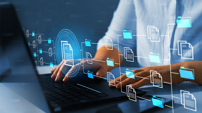 Document management system or DMS. Automation software to archiving and efficiently manage and information files. Knowledge and documentation corporate. Internet Technology Concept