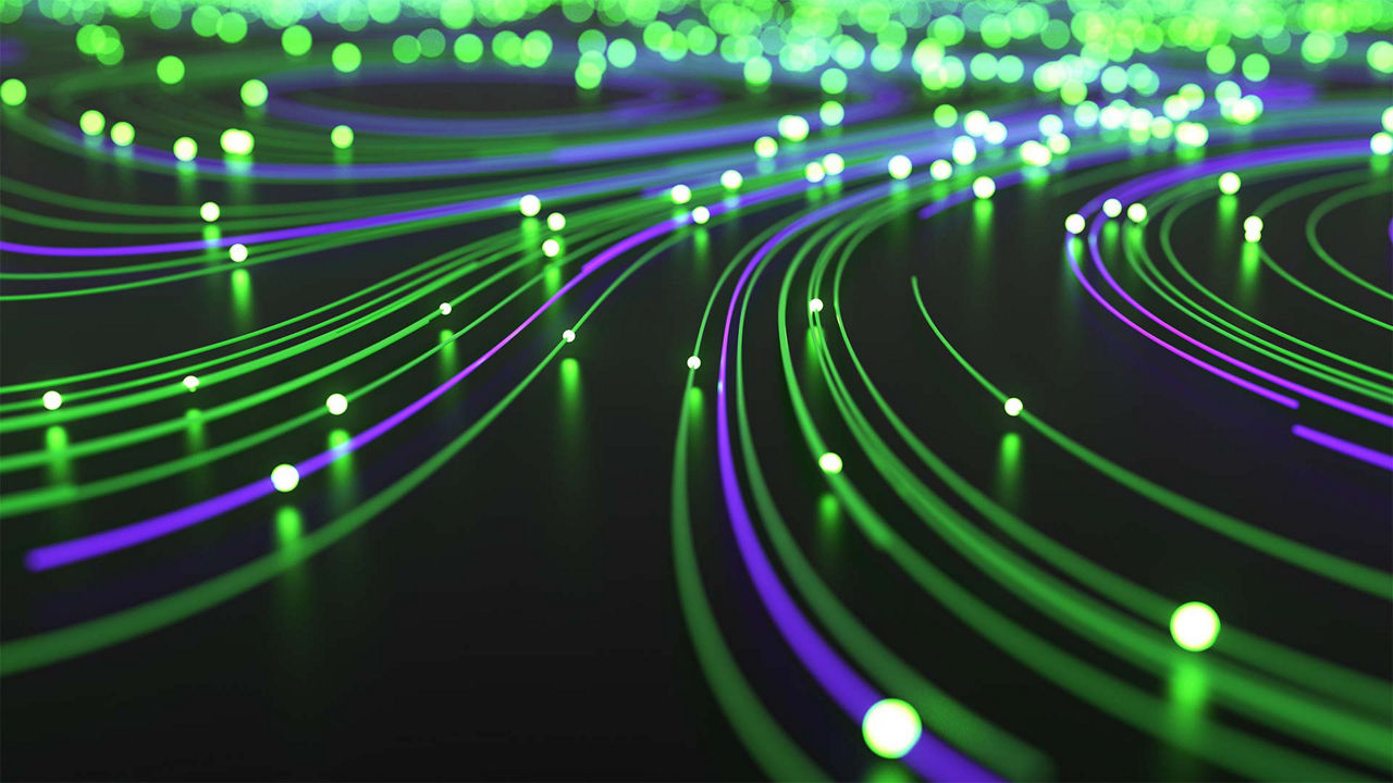 a graphic showing light streak paths with dots technology