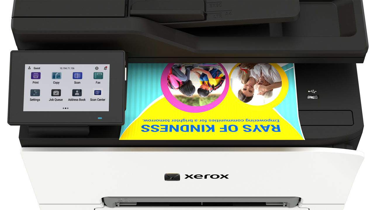 Top view of Xerox 305ae printer with print sample